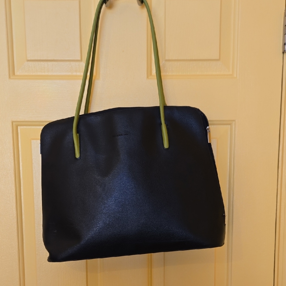 Chic Black Tote with Green Straps